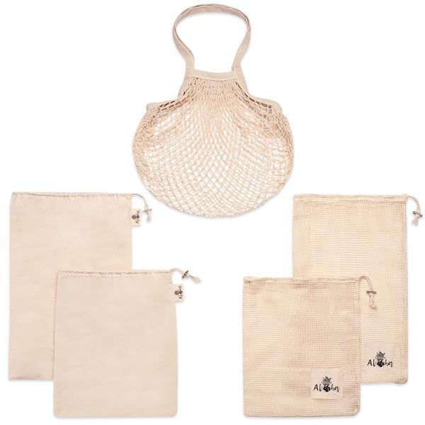 Organic Cotton Produce Bags +Carrying Beach Tote (5 Bags)